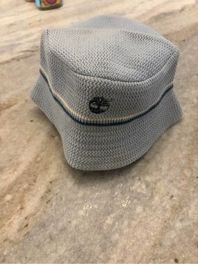 Timberland Light Blue Knit Bucket Hat with Navy and Cream Stripes